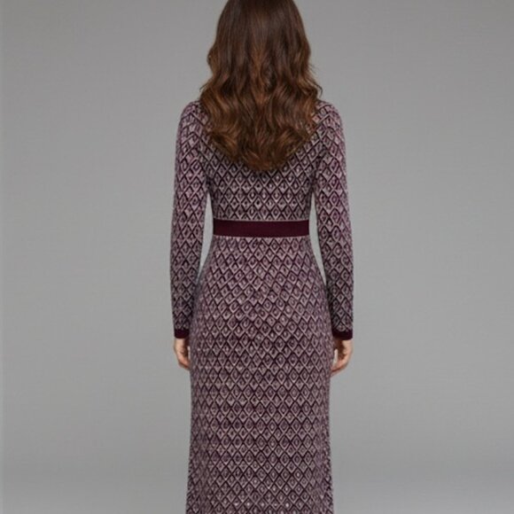 Burgundy Button Front Pattern Sweater Dress - Picture 2 of 9